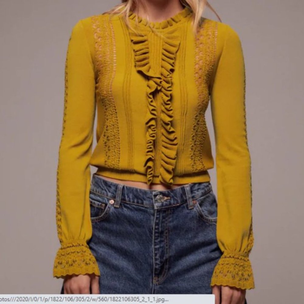 Zara Mustard Yellow Ruffled Knit Sweater S - Picture 1 of 7